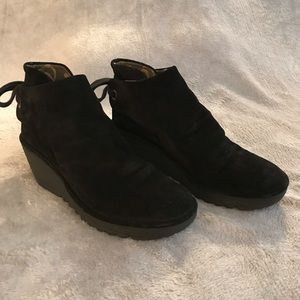 Fly London Yebi Black Suede Ruched Tie Back Bootie